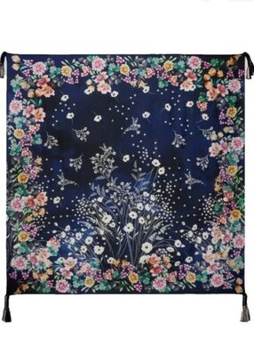 Johnny Was 100% Silk Scarf Blue With Flowers With Tassels